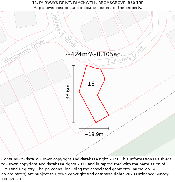 18, FAIRWAYS DRIVE, BLACKWELL, BROMSGROVE, B60 1BB: Plot and title map