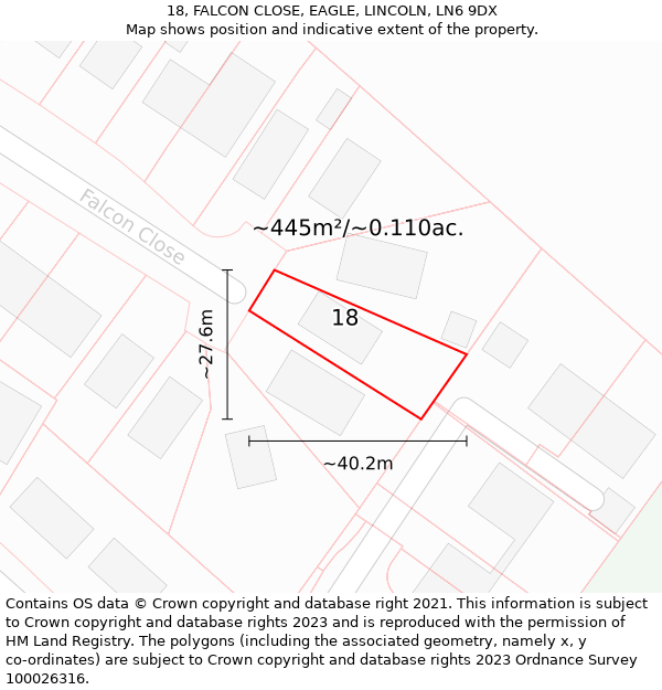 18, FALCON CLOSE, EAGLE, LINCOLN, LN6 9DX: Plot and title map