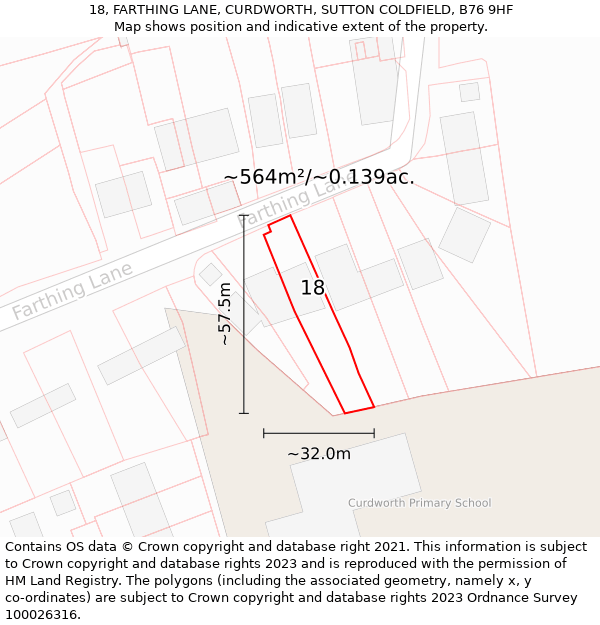 18, FARTHING LANE, CURDWORTH, SUTTON COLDFIELD, B76 9HF: Plot and title map