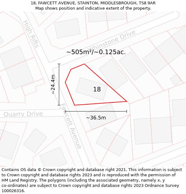 18, FAWCETT AVENUE, STAINTON, MIDDLESBROUGH, TS8 9AR: Plot and title map