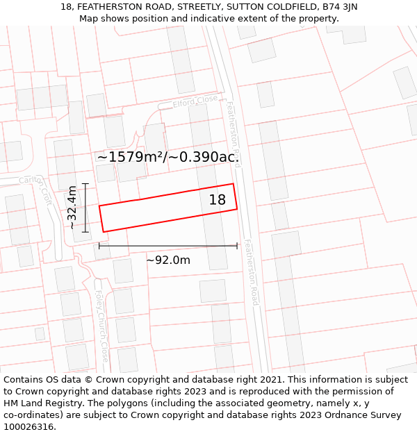 18, FEATHERSTON ROAD, STREETLY, SUTTON COLDFIELD, B74 3JN: Plot and title map