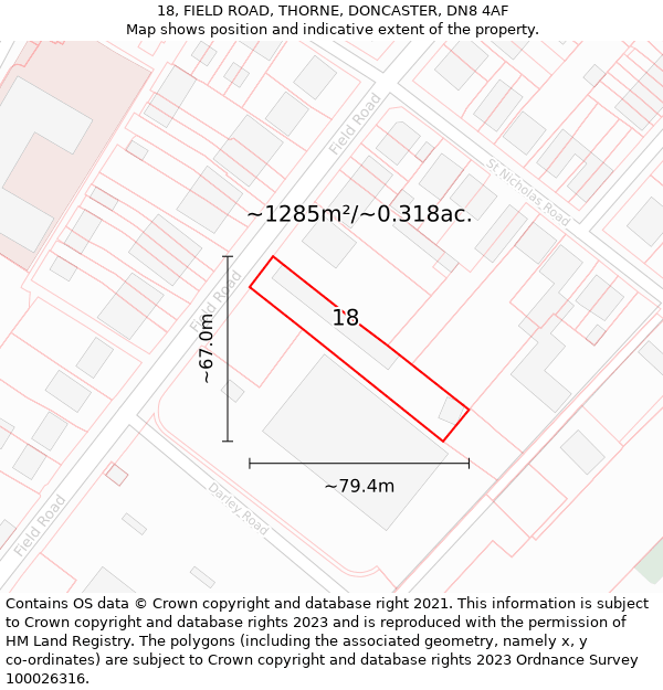 18, FIELD ROAD, THORNE, DONCASTER, DN8 4AF: Plot and title map