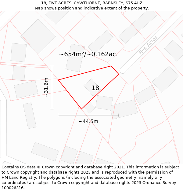 18, FIVE ACRES, CAWTHORNE, BARNSLEY, S75 4HZ: Plot and title map