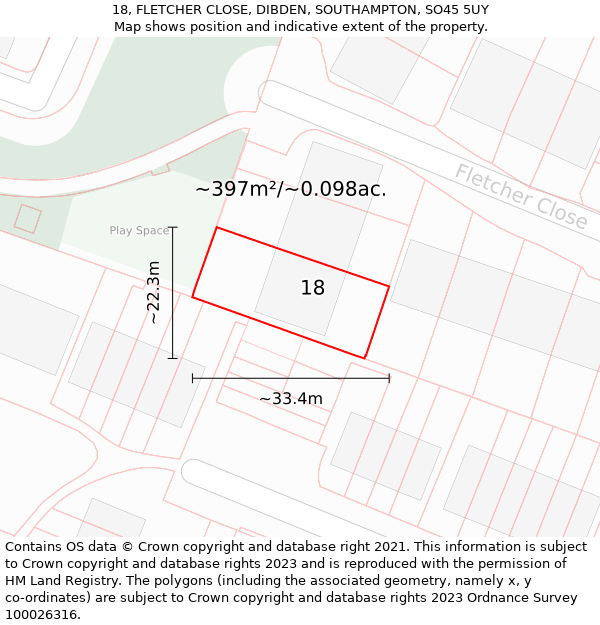 18, FLETCHER CLOSE, DIBDEN, SOUTHAMPTON, SO45 5UY: Plot and title map