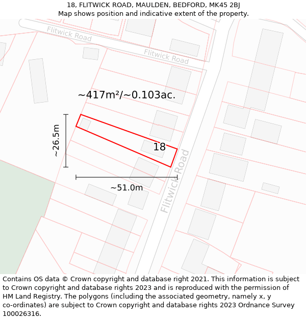 18, FLITWICK ROAD, MAULDEN, BEDFORD, MK45 2BJ: Plot and title map