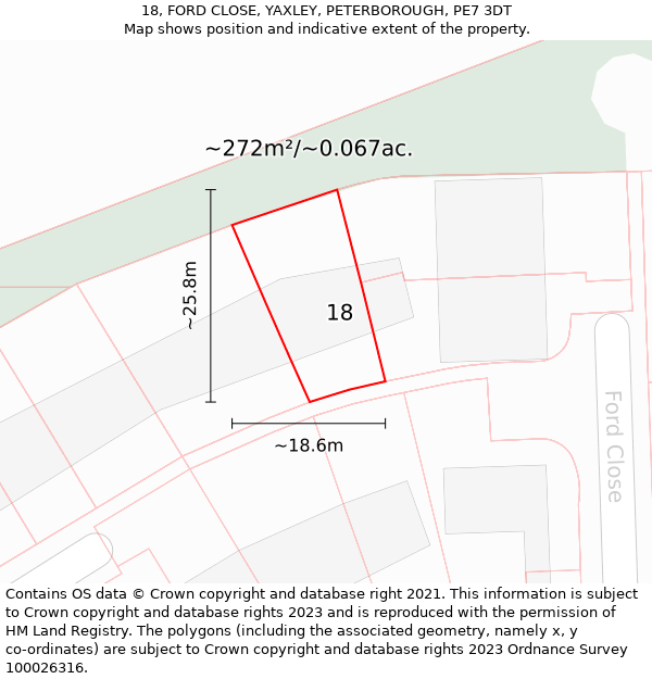 18, FORD CLOSE, YAXLEY, PETERBOROUGH, PE7 3DT: Plot and title map