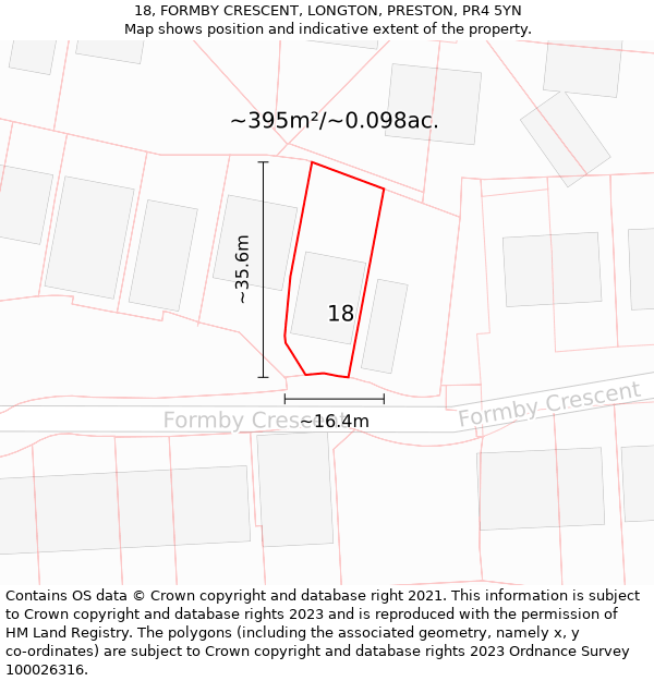 18, FORMBY CRESCENT, LONGTON, PRESTON, PR4 5YN: Plot and title map