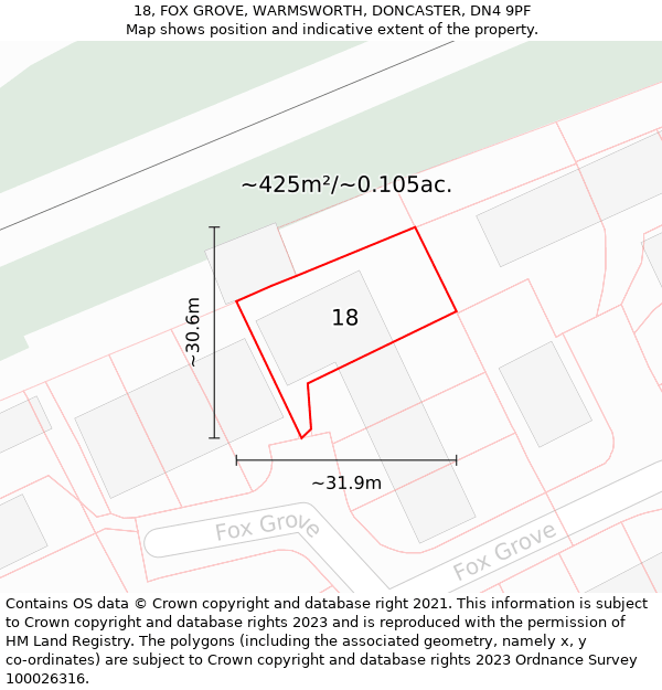 18, FOX GROVE, WARMSWORTH, DONCASTER, DN4 9PF: Plot and title map