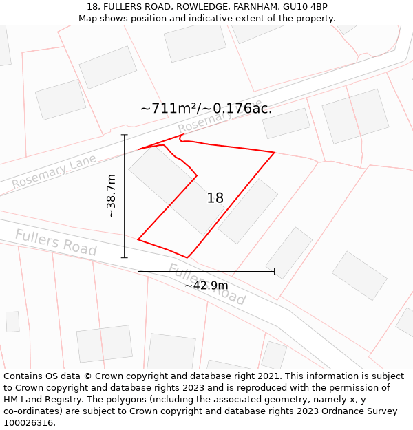 18, FULLERS ROAD, ROWLEDGE, FARNHAM, GU10 4BP: Plot and title map