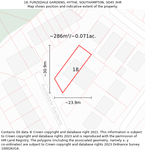 18, FURZEDALE GARDENS, HYTHE, SOUTHAMPTON, SO45 3HR: Plot and title map