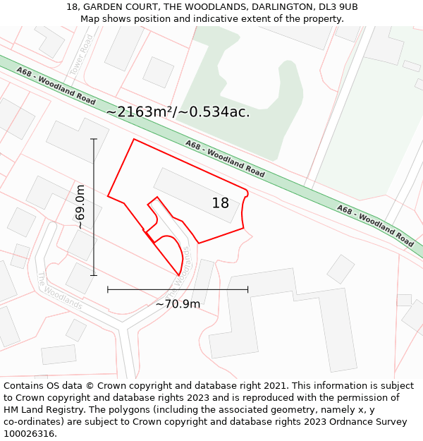 18, GARDEN COURT, THE WOODLANDS, DARLINGTON, DL3 9UB: Plot and title map