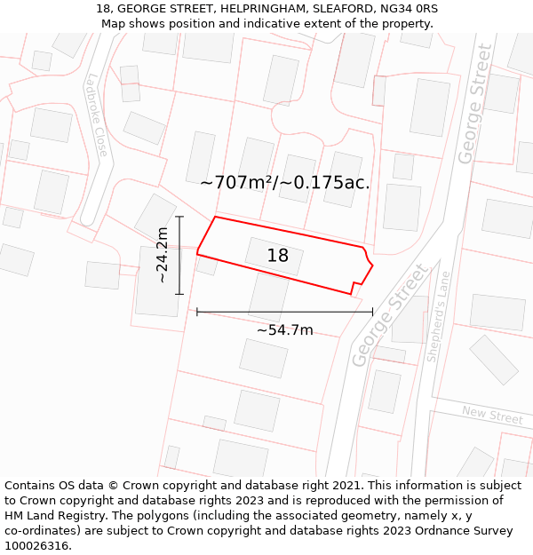 18, GEORGE STREET, HELPRINGHAM, SLEAFORD, NG34 0RS: Plot and title map