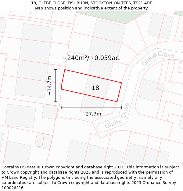 18, GLEBE CLOSE, FISHBURN, STOCKTON-ON-TEES, TS21 4DE: Plot and title map