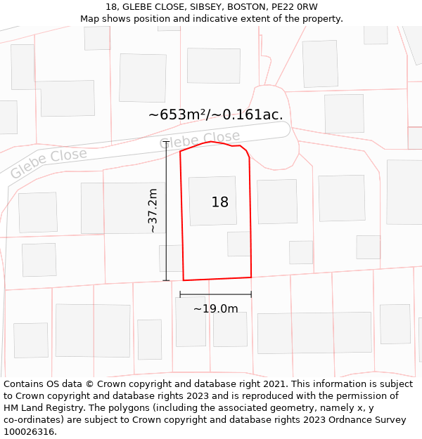 18, GLEBE CLOSE, SIBSEY, BOSTON, PE22 0RW: Plot and title map