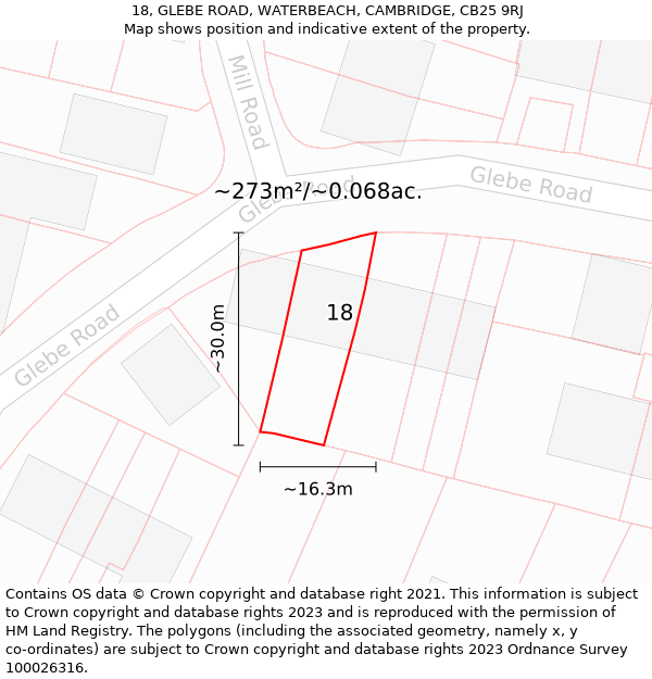 18, GLEBE ROAD, WATERBEACH, CAMBRIDGE, CB25 9RJ: Plot and title map