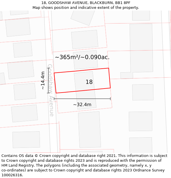 18, GOODSHAW AVENUE, BLACKBURN, BB1 8PF: Plot and title map