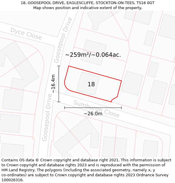 18, GOOSEPOOL DRIVE, EAGLESCLIFFE, STOCKTON-ON-TEES, TS16 0GT: Plot and title map
