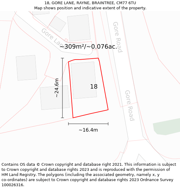 18, GORE LANE, RAYNE, BRAINTREE, CM77 6TU: Plot and title map