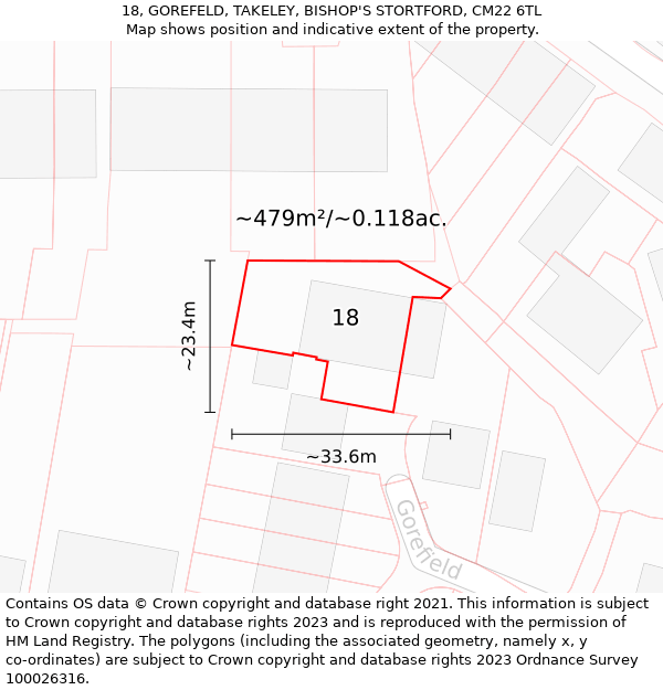 18, GOREFELD, TAKELEY, BISHOP'S STORTFORD, CM22 6TL: Plot and title map