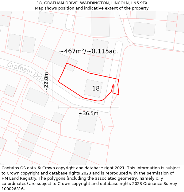 18, GRAFHAM DRIVE, WADDINGTON, LINCOLN, LN5 9FX: Plot and title map