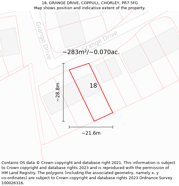 18, GRANGE DRIVE, COPPULL, CHORLEY, PR7 5FG: Plot and title map