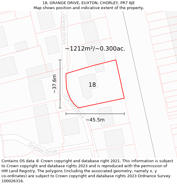 18, GRANGE DRIVE, EUXTON, CHORLEY, PR7 6JE: Plot and title map