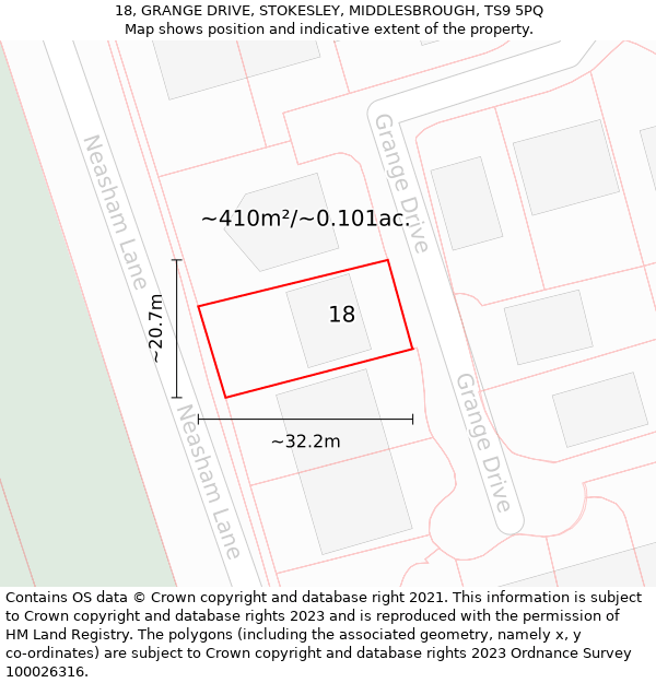 18, GRANGE DRIVE, STOKESLEY, MIDDLESBROUGH, TS9 5PQ: Plot and title map