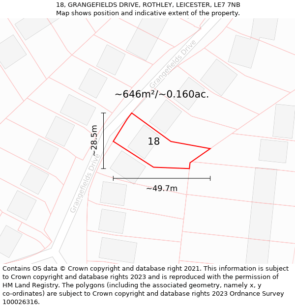 18, GRANGEFIELDS DRIVE, ROTHLEY, LEICESTER, LE7 7NB: Plot and title map