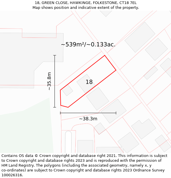 18, GREEN CLOSE, HAWKINGE, FOLKESTONE, CT18 7EL: Plot and title map