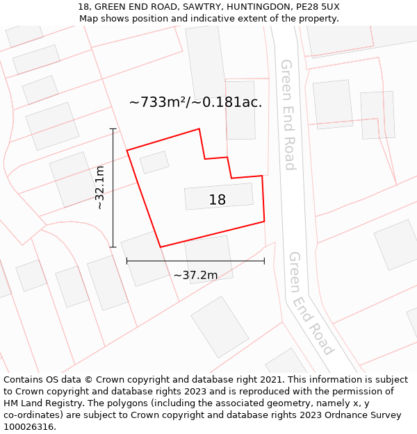 18, GREEN END ROAD, SAWTRY, HUNTINGDON, PE28 5UX: Plot and title map