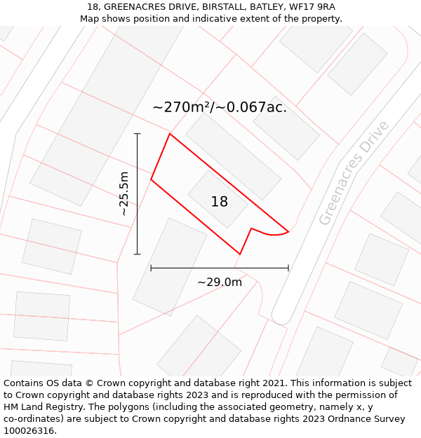 18, GREENACRES DRIVE, BIRSTALL, BATLEY, WF17 9RA: Plot and title map