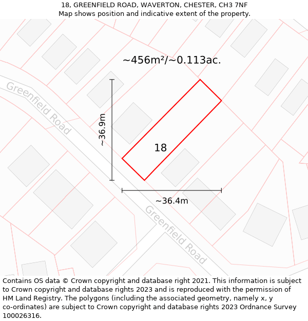 18, GREENFIELD ROAD, WAVERTON, CHESTER, CH3 7NF: Plot and title map