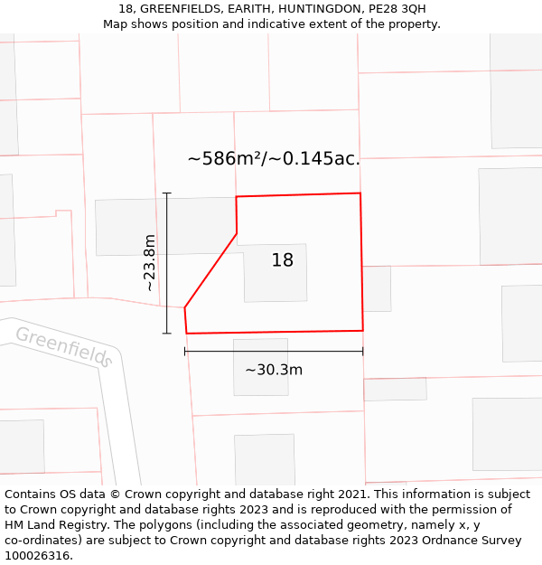 18, GREENFIELDS, EARITH, HUNTINGDON, PE28 3QH: Plot and title map