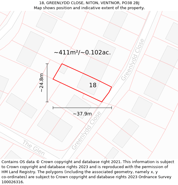 18, GREENLYDD CLOSE, NITON, VENTNOR, PO38 2BJ: Plot and title map