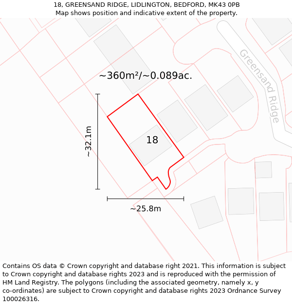 18, GREENSAND RIDGE, LIDLINGTON, BEDFORD, MK43 0PB: Plot and title map