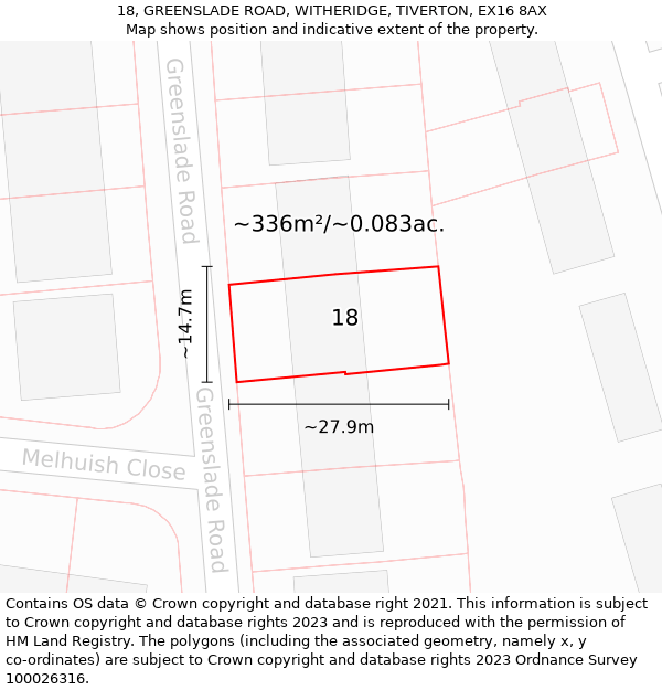 18, GREENSLADE ROAD, WITHERIDGE, TIVERTON, EX16 8AX: Plot and title map