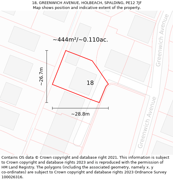 18, GREENWICH AVENUE, HOLBEACH, SPALDING, PE12 7JF: Plot and title map