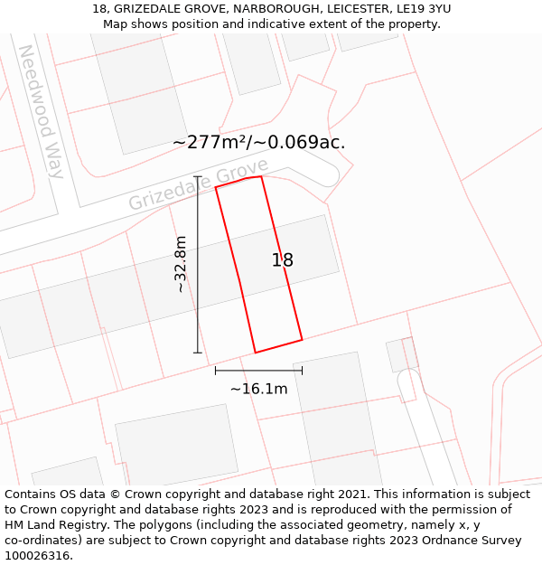 18, GRIZEDALE GROVE, NARBOROUGH, LEICESTER, LE19 3YU: Plot and title map