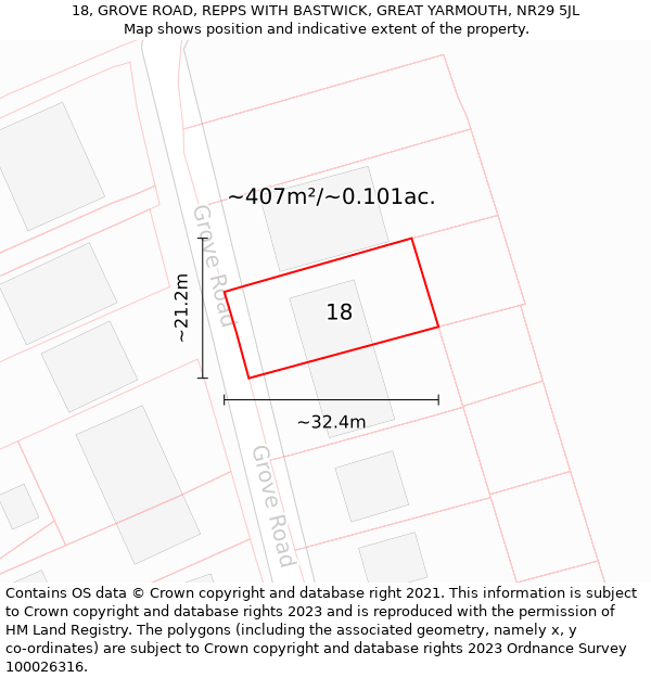 18, GROVE ROAD, REPPS WITH BASTWICK, GREAT YARMOUTH, NR29 5JL: Plot and title map