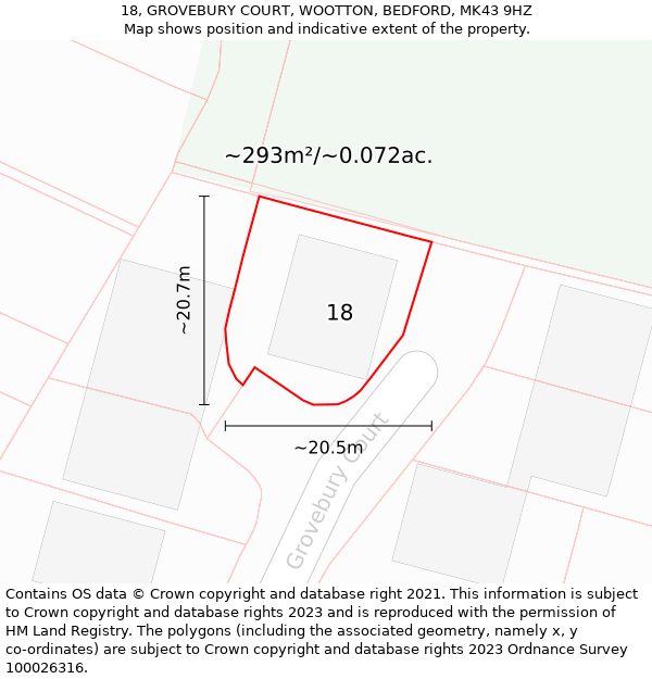 18, GROVEBURY COURT, WOOTTON, BEDFORD, MK43 9HZ: Plot and title map