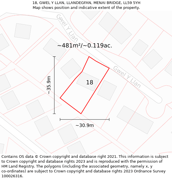 18, GWEL Y LLAN, LLANDEGFAN, MENAI BRIDGE, LL59 5YH: Plot and title map