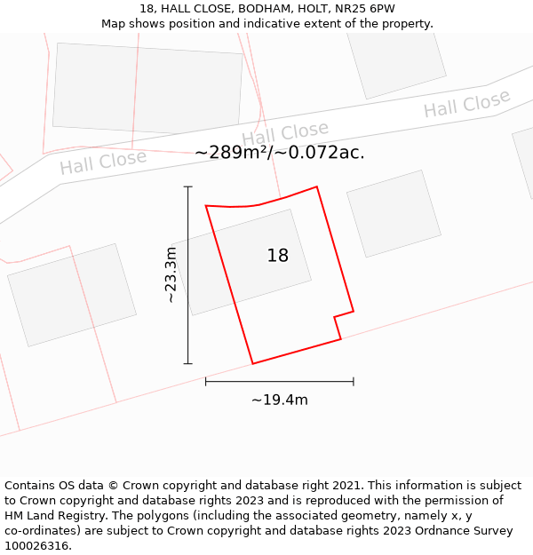 18, HALL CLOSE, BODHAM, HOLT, NR25 6PW: Plot and title map