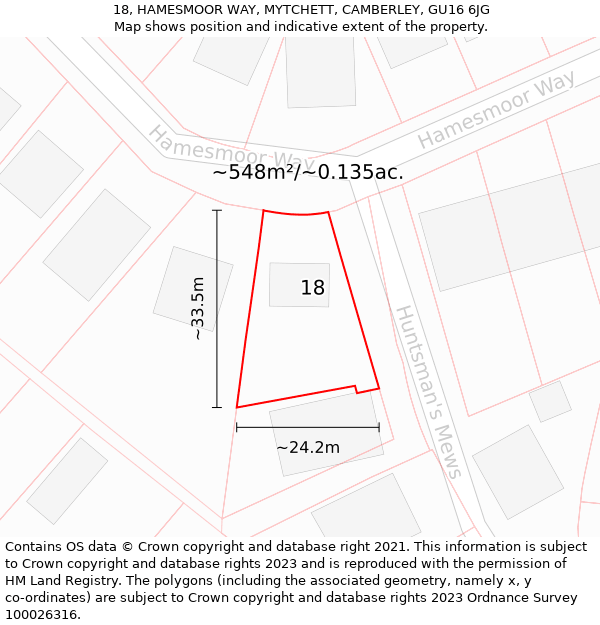 18, HAMESMOOR WAY, MYTCHETT, CAMBERLEY, GU16 6JG: Plot and title map