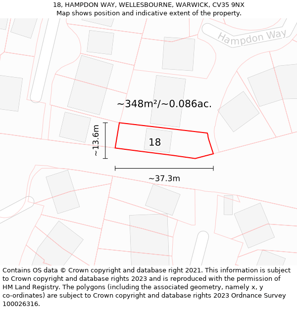 18, HAMPDON WAY, WELLESBOURNE, WARWICK, CV35 9NX: Plot and title map