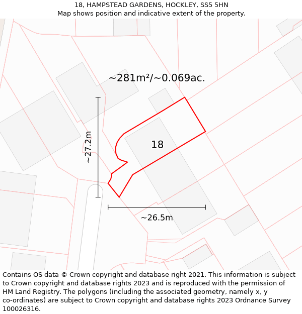 18, HAMPSTEAD GARDENS, HOCKLEY, SS5 5HN: Plot and title map
