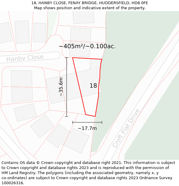 18, HANBY CLOSE, FENAY BRIDGE, HUDDERSFIELD, HD8 0FE: Plot and title map