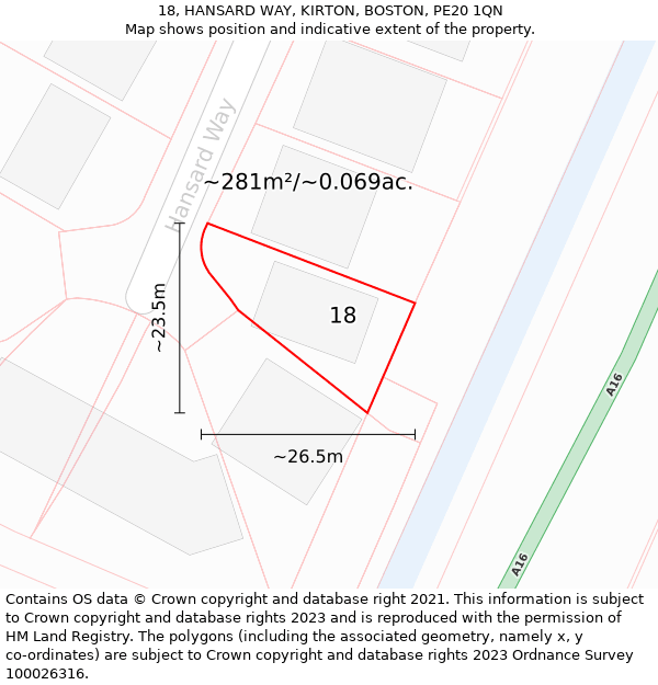 18, HANSARD WAY, KIRTON, BOSTON, PE20 1QN: Plot and title map