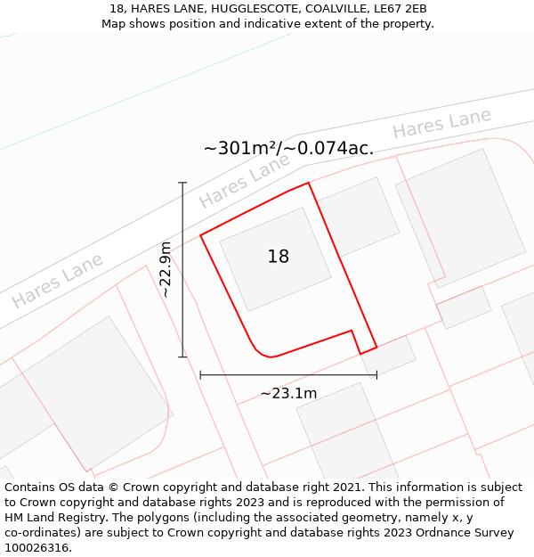 18, HARES LANE, HUGGLESCOTE, COALVILLE, LE67 2EB: Plot and title map