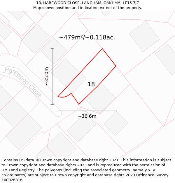 18, HAREWOOD CLOSE, LANGHAM, OAKHAM, LE15 7JZ: Plot and title map