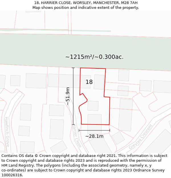 18, HARRIER CLOSE, WORSLEY, MANCHESTER, M28 7AH: Plot and title map